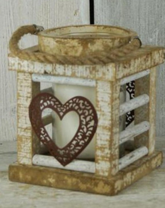 Large Whitewashed Wooden Heart Lantern | TBI